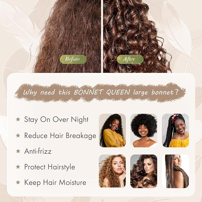 BONNET QUEEN Silk Bonnet for Sleeping Women, Satin Bonnet Night Sleep Cap Wrap for Curly Hair with Tie Band, Large, Champagne