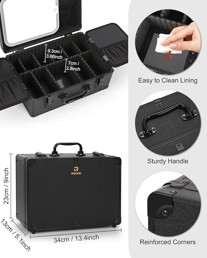 Relavel Makeup Case, Makeup Bag with LED Mirror Makeup Organizer Large Cosmetic Bags Travel Train Case for Women, Portable Vanity Makeup Box with Rechargeable Light up Mirror and Adjustable Dividers