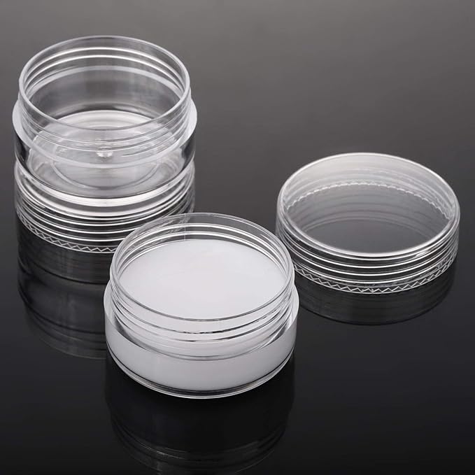 Refillable Cosmetic Sample Jars - 100 Pack 10g (0.35oz) Clear Small Travel Containers with Lids + 10 Mini Makeup Spatulas - BPA Free