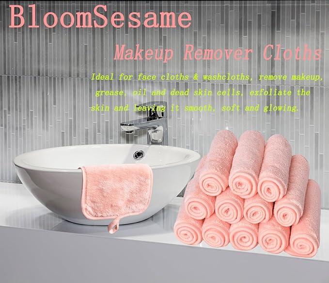 BloomSesame Makeup Remover Cloths for Face, Eye, Lips - Reusable Makeup Remover Pads Soft Microfiber Facial Cleansing Cloths 6 x 12 inch 12 Pack (Coral)