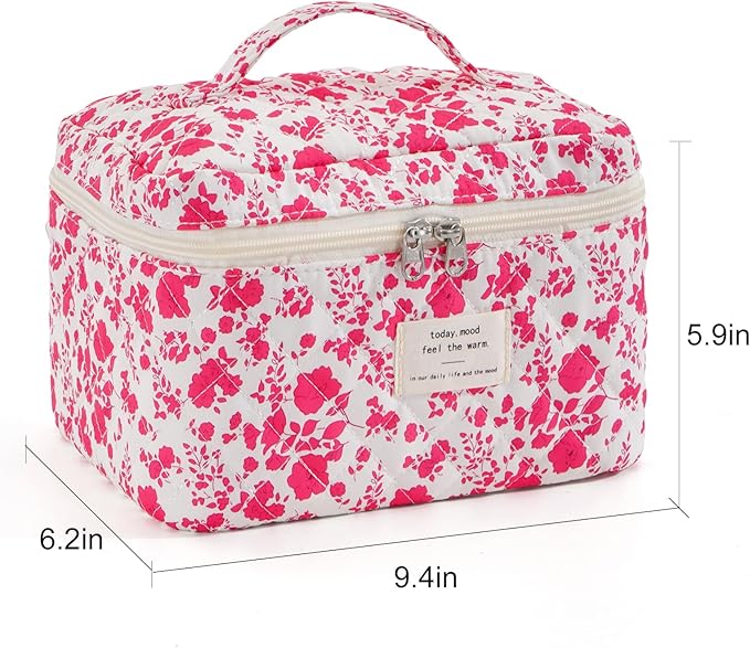 Makeup Bag for Women Quilted Corduroy Make Up Bag Travel Cosmetic Bag Large Makeup Bag Cute Makeup Bags Organizer Floral Toiletry Bag Makeup Pouch for Purse, Rose Floral-1PCS