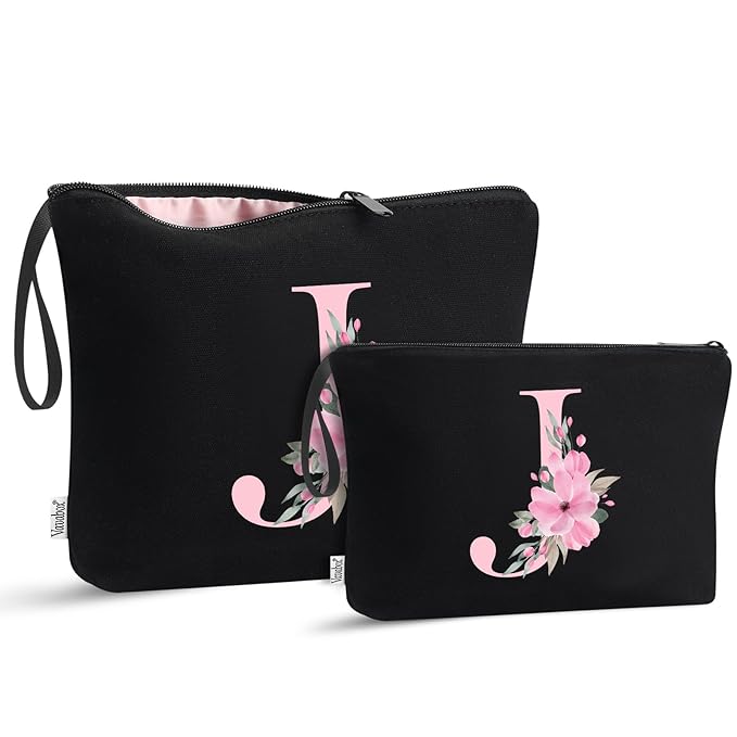 Vavabox A-Z Personalized Makeup Bag, Birthday Gifts for Women Mom, Gifts for Best Friend, Bride Bridesmaid Cosmetic bag (J, 04-Black Set)