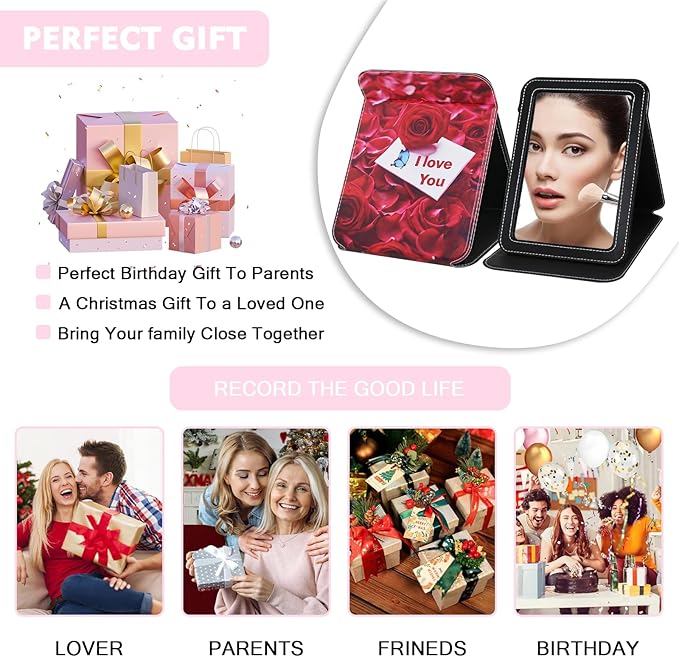 Large Folding Mirror, Travel PU Portable Adjustable Rectangular Ultrathin Vanity Mirror Rounded Corners with Stand, for Travel, Camping,Home 9x7 Inches