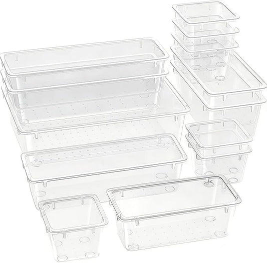 Clear Acrylic Drawer Organizer Trays, 5 Size Junk Box Organization Small Storage Container Bin for Desk Makeup Bathroom Vanity Kitchen Tool Make Up Workspace Home Dorm Apartment Office Room Nightstand