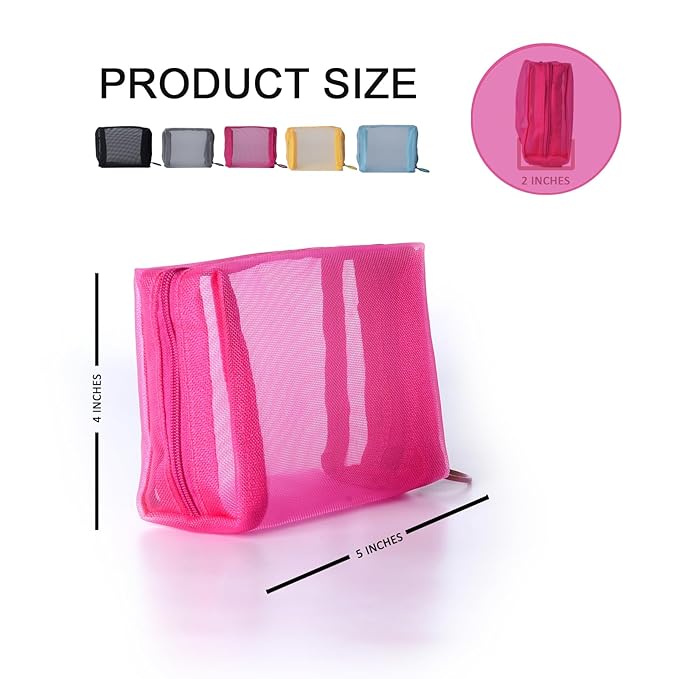 patu Zipper Mesh Bags, Portable Mini Case, Size S, 5" x 4" x 2", 5 Pieces, Beauty Makeup Cosmetic Accessories Organizer, Small Travel Toiletry Kit Set Storage Cuboid Pouch, Assorted Colors