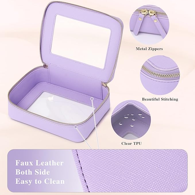 Clear Makeup Bag Women's Waterproof Travel Cosmetic Case and Toiletry Bag Portable Makeup Organizer Bag for Car with Zipper (Purple, M)