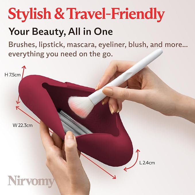 Travel Makeup Brush Holder, Silicone Makeup Brush Organizer, Dirt-Resistant Easy to Clean Makeup Brush Bag with Anti-Fall Out Magnetic Closure, Travel Essentials for Women (Wine)