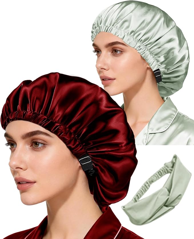 Hair Bonnets 3Pcs Satin Bonnet For Sleeping Silky Bonnets Womens Silk Bonnet Night Caps Curly Hair Sleep Cap For Women