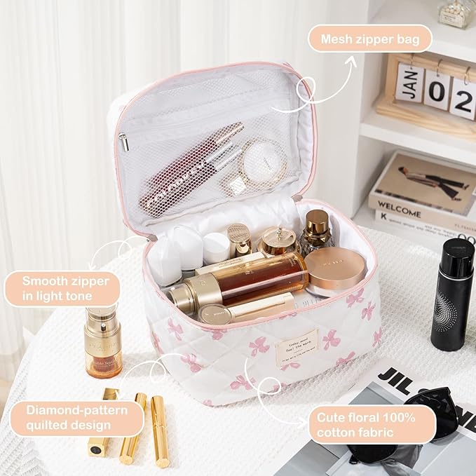 Makeup Bag for Women 3PCS Quilted Cotton Make Up Bag Travel Cosmetic Bag Large Makeup Bag Set Cute Bow Makeups Purse Organizer Floral Toiletry Pouch
