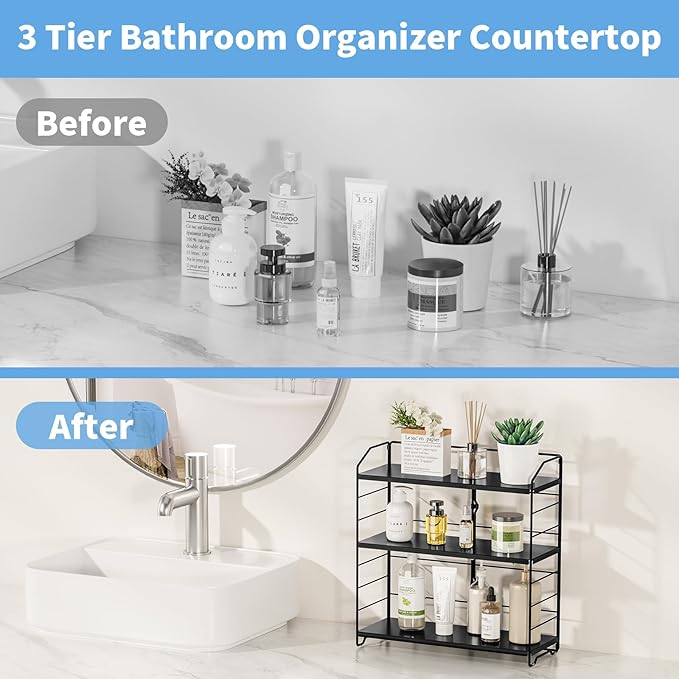 Bathroom Counter Organizer, Makeup Organizer Countertop, Countertop Storage Shelf for Bathroom Storage, Vanity, Large Skincare, Perfume, Black 3 Tier