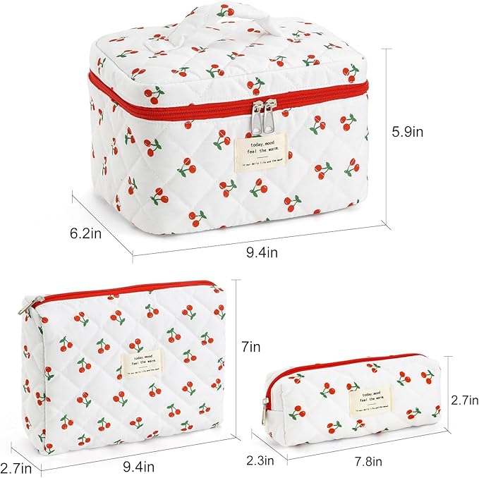 Makeup Bag for Women 3PCS Quilted Cotton Make Up Bag Travel Cosmetic Bag Large Makeup Bag Set Cute Makeups Organizer Floral Toiletry Pouch for Purse, Cherry