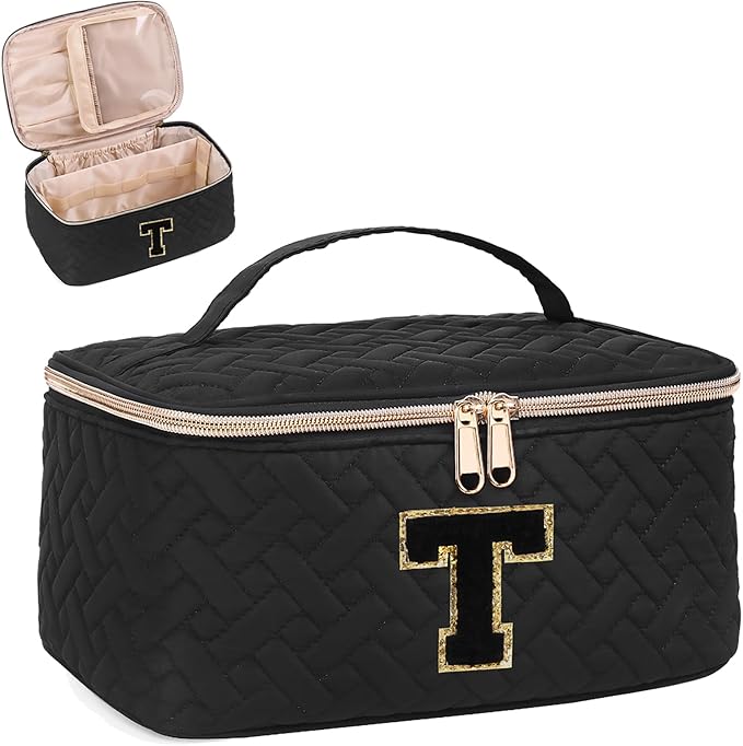 Gifts Initial Makeup Organizer Bag for Girls, Chenille Letter Personalized Cosmetic Bag with Zipper | Preppy Quilted Portable Makeup Pouch Teen Birthday Gifts (T, Balck)