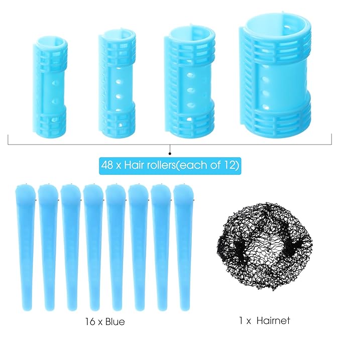 WILLBOND 65 Pieces Magnetic Hair Rollers Set Plastic Rollers Curlers with Clips 4 Sizes for Long Medium Short Hair, Duck Clips Hairnet Hairdressing Styling Tool(Blue)