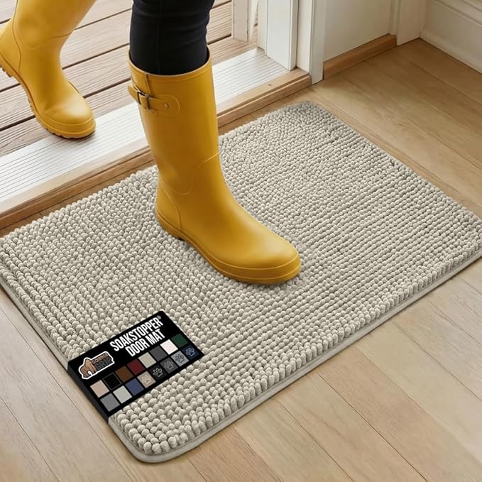 GORILLA GRIP SoakSTOPPER Dog Door Mat, 30x20 Machine Washable Rug Absorbent Doormat Captures Moisture Mud Dirt, Quick Dry Soft Chenille Entryway Rugs Indoor Entrance Mats for Dog Paws, Cream