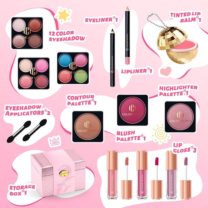 Color Nymph Girls Makeup Kit For Teen Girls with Storage Box, All In One Girl Makeup Sets for Women Full Kit with Eye shadow Blush Contour Highlighter Lipgloss Lipliner Eyeliner Lip Balm and Mirror