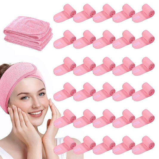 30 Pack Adjustable Spa Headband for Women Non-Slip Facial Hair Wrap for Washing Face, Makeup, Shower, Skincare, and Yoga (Pink, 30)