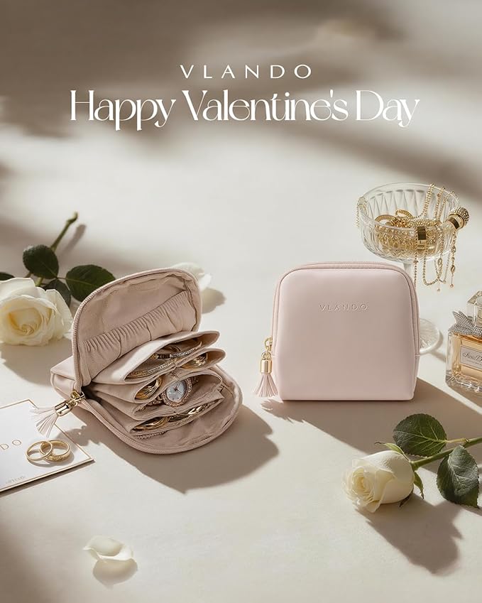 VLANDO Small Travel Jewelry Organizer,Bridesmaid Gifts,Jewelry Pouch Bags,Velvet Jewelry Storage Bag for Bracelet Rings Earring,Portable Jewelry Travel Case for Traveler-Apricot Pink