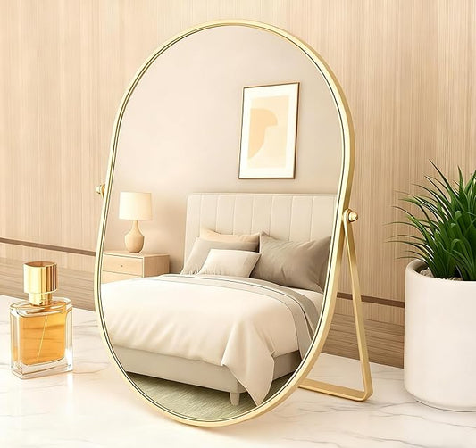 Feyarl Champagne Gold Oval Vanity Mirror 12x8 Inch Vertical Tabletop Makeup Mirror Decorative Standing Cosmetic Mirror for Bedroom Bathroom Desk Dresser