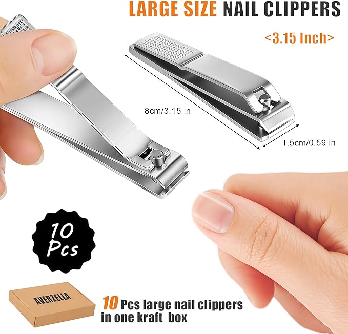 10-Pack Toenail Clippers, Straight Edge Toe Nail Clippers Bulk for Thick Nails, Large Stainless Steel Nail Clipper for Men Women Adults, 3.15 inch Long Handle Nail Clipper Set (Silver)