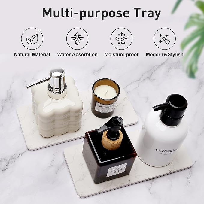 2 Pcs Water Absorbing Stone Drying Trays for Bathroom Sink Kitchen Counter Soap Dish Dispenser Sponge Holder White Ceramic Bathroom Vanity Quick Dry Stone Mat for Kitchen Sink Marble Diatomite Tray