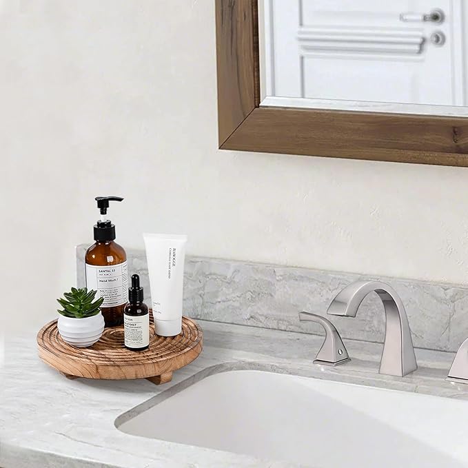 Round Decorative Tray Farmhouse Bathroom Decor Wood Riser Kitchen Countertop Organizer for Perfume, Candle, Plant, 9 inch Browm