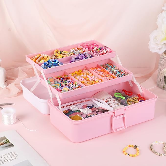 OUTUXED 12.5inch 3-Layer Multipurpose Craft Organizers, Portable Folding Toolbox, Plastic Tool Box with Handle for Sewing Supplies, Medicine, Art Supplies, Nails and Hair Accessories(Dusty Pink)