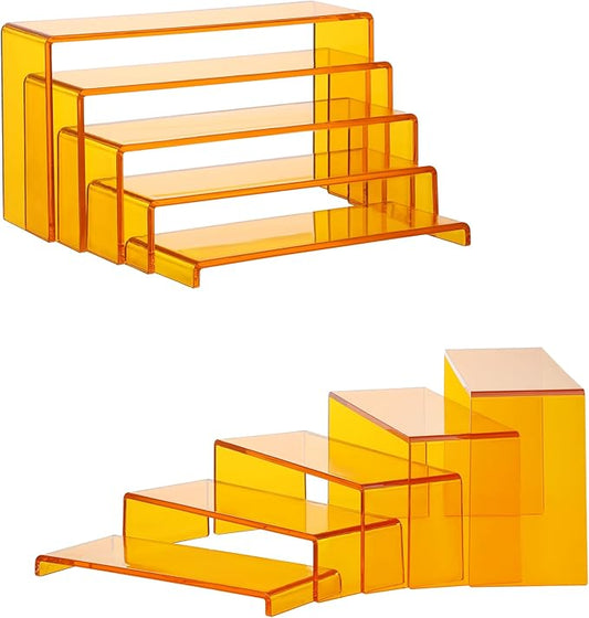 Goabroa Display Risers, 2 Sets 5 Tier Rectangular Risers Display Stands, Display Shelves for Figures, Cupcake, Perfume Display, Transparent Orange