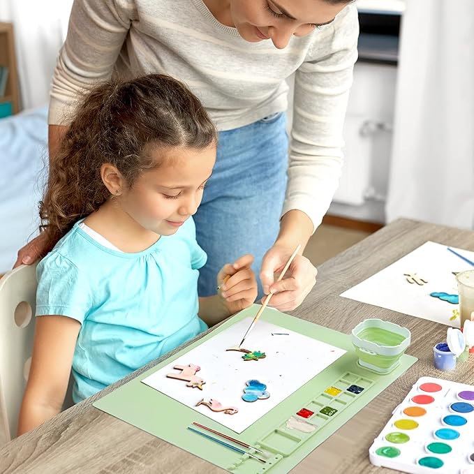 Silicone Painting Mat, Silicone Art Mat with Cup, Silicone Craft Mat with Paint Brush Cleaner Tool, Silicone Artist Mat for Kids Gift Painting Clay DIY Creations, Gift Packaged