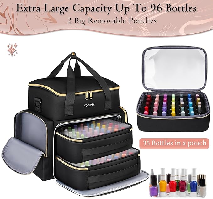 YOREPEK Extra Large Nail Polish Organizer Case Holds 70 to 100+ Bottles (15ml/0.5 fl.oz) UV lamp, Gel Polish Travel Case Bag with 2 Removable Pouches Fits Nail Suppiles, Gift for Manicurist, Girls