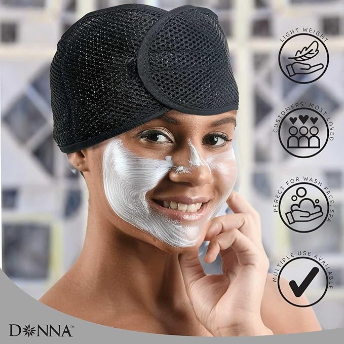 DONNA Deluxe Foam Mesh Wrap – Olive Oil + Vitamin E Treated Hair Wrap for Women, Adjustable Head Wrap, Breathable Mesh & Soft Foam Padding for Sleep or Styling, Black