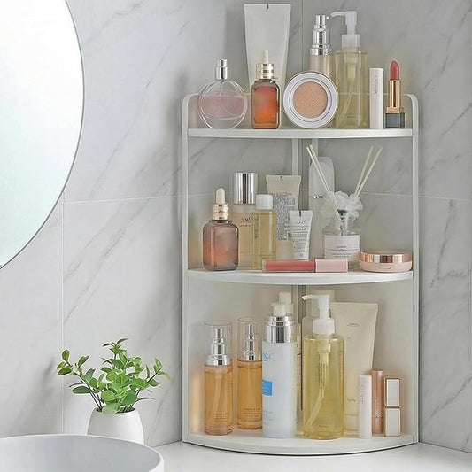 3 Tier Corner Bathroom Counter Organizer, Countertop Organizer, Vanity Organizers, Bathroom Storage Sink Shelf, Wooden Metal Counter Shelf, Perfume Organizer for Makeup Tray (Large Capacity-White)