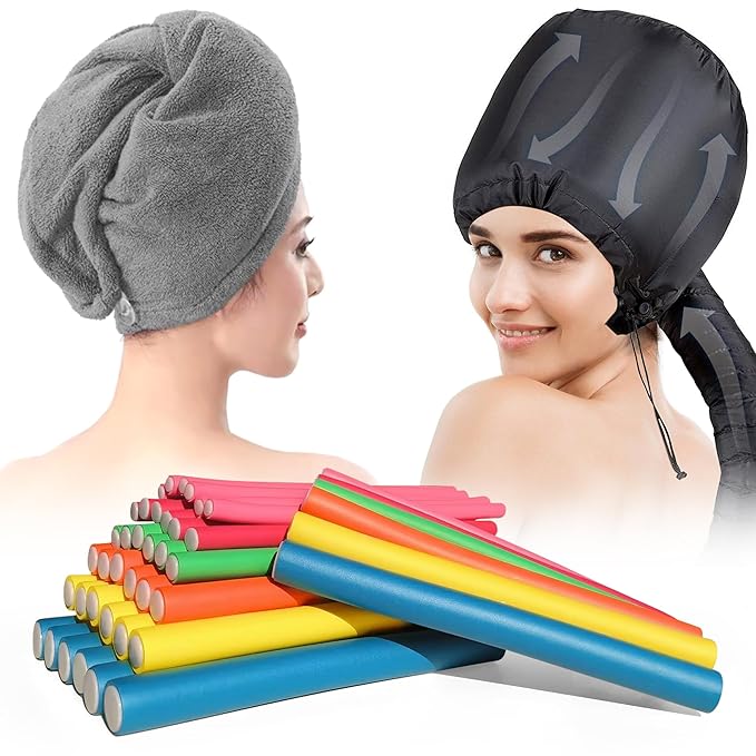 xnicx 42 pcs 7" Flexible Rods,Hair Curlers Rollers Flexible Curling Rods,Heatless Bendy Foam Curls for Long,Medium,Short Hair to Sleep in,with Hair Dryer Bonnet,Drying Towel 3 IN 1(Gray)