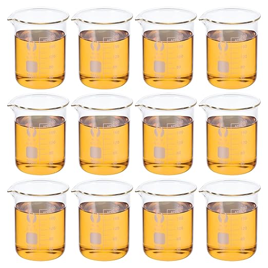 PATIKIL 200ml Low Form Glass Beaker, 12 Pack 3.3 Borosilicate Glass Graduated Printed Scale Measuring Cups with Spout for Kitchen Lab Liquids