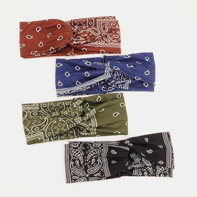DRESHOW 4 Pack Boho Cotton Non-Slip Headbands for Women Girls Yoga Workout Running Knotted Turban Floral Elastic Head Wrap