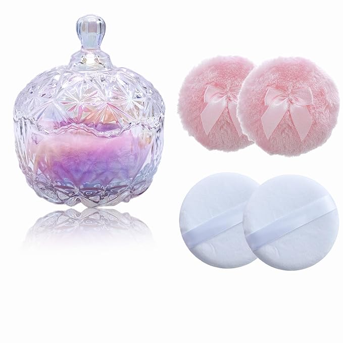 5 Pieces Large Body Powder Puff and Powder Container, Crystal Case for Dust Puff, Powder applicator with Box for Face and Body (Glitter, Crown)