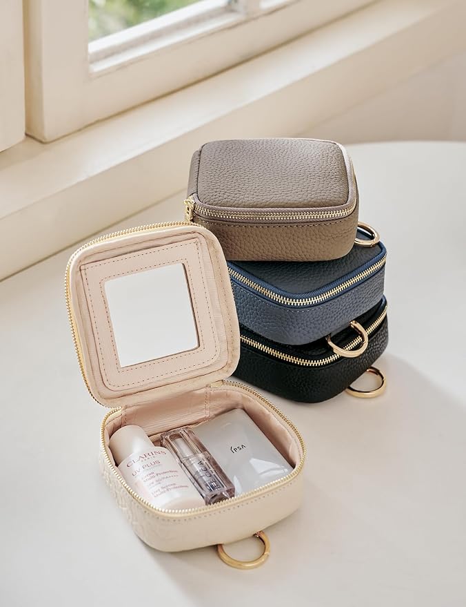 Small Makeup Bag with Mirror, Genuine Leather Mini Cosmetic Bag for Purse Makeup Pouch with Zipper Mini Toiletry Bag Cute Cosmetic Pouch for School, Travel, Car (Cream White)