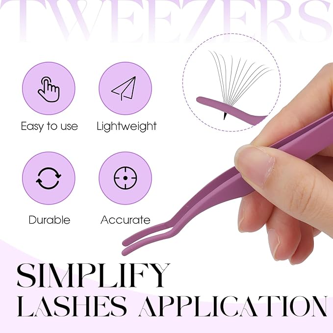 WENDY Eyelash Extensions Lash Tweezers Precision Fiber Stainless Steel Lash Applicator Tool Precision Fiber Mega Lash Tweezers Eyelid Tape & Extensions Use at Home（Purple-1）
