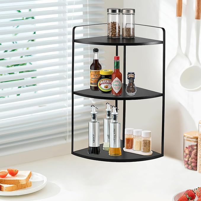 3 Tier Corner Bathroom Counter Organizer, Countertop Organizer, Vanity Organizers, Bathroom Storage Sink Shelf, Wooden and Metal Counter Shelf, Perfume Organizer for Makeup Tray (Large Capacity-Black)