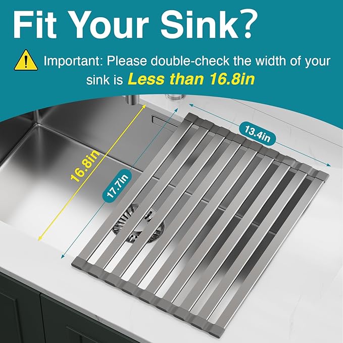 Aluminum Roll Up Dish Drying Rack Over The Sink, 17.7" x 13.4" Rust-Proof Foldable Dish Drainer Mat, Heat Resistant Trivet & Kitchen Sink Cover, Fits Sinks up to 16.8" Wide, Matte Gray