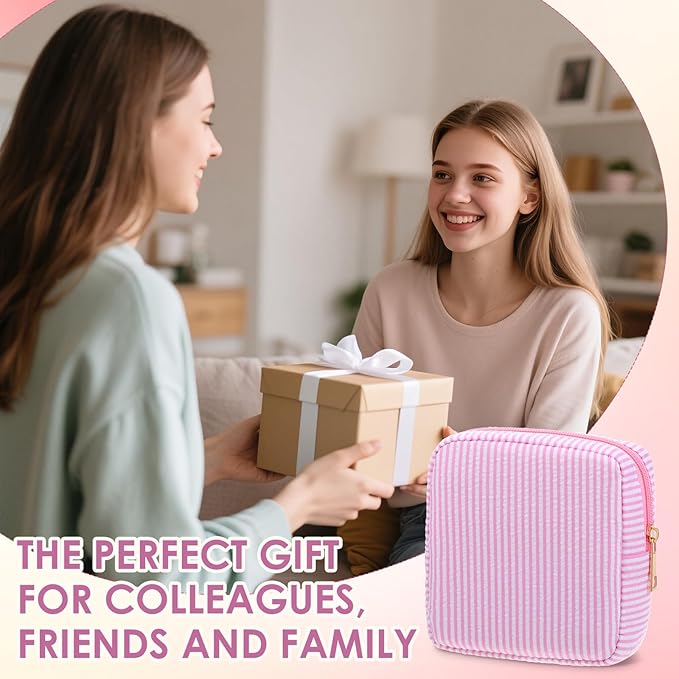Sanwuta 6 Seersucker Cosmetic Bag Bulk Pinstripe Makeup Bag for Women Aesthetic Cute Travel Toiletry Organizer Preppy Storage Pouch for Wedding Bridesmaid Christmas Gift (Small,Pink)
