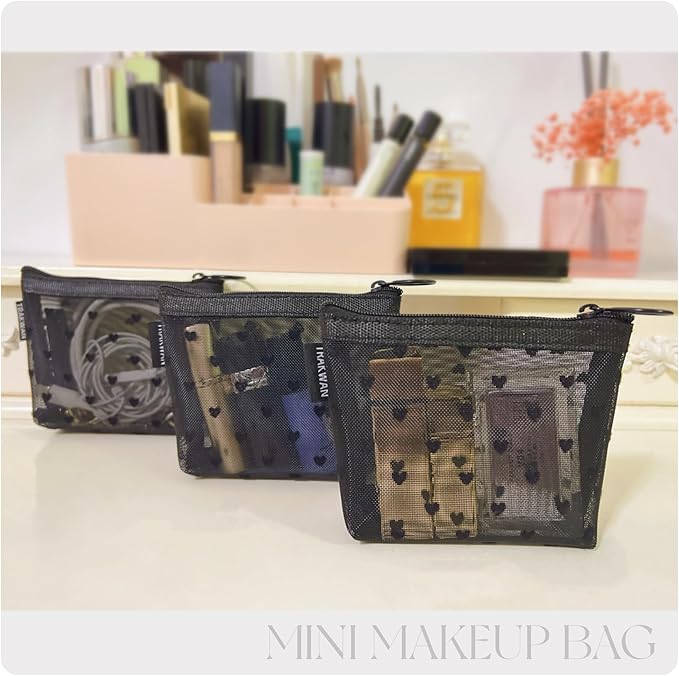 Mini Heart Makeup Bag Set, Zipper Mesh Cosmetic Bags for Women, Lipstick Cosmetic Organizer Bag, Travel Pouch (Black-6pcs)
