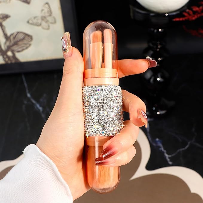 WOKOTO 4 in 1 White Diamond-Embellished Makeup Brushes - Nail Art Dust Powder Remover Brush, Eye Shadow, Lip & Foundation Brush, Soft Nail Art Dust Cleaner Brush for Acrylic Application and Makeup