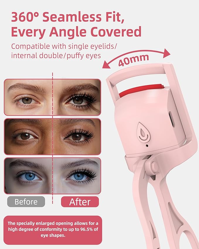 Heated Eyelash Curler, 5s Fast Heating Electric Eyelash Curler, Safe Anti-Burn Eyelash Curlers with Silicone Pad, Type-C Quick Charge, Intelligent Temp Control, 24H Long-Lasting Curls (Pink)