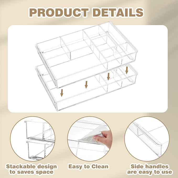 3 Pcs Clear Acrylic Desk Drawer Organizer 13.7 x 8.7 x 2 Inch Drawer Organizer Trays with 8 Compartments Desk Accessories for Office Makeup Silverware Bathroom