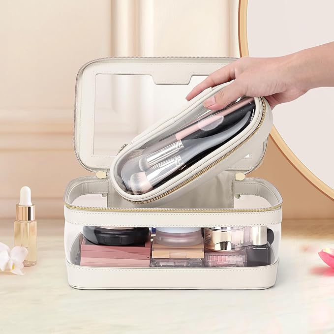 Travel Clear Makeup Bag with Makeup Brush Bag, Leather Make up Case Toiletry Bag, Portable Cosmetic Bag Case, Transparent Waterproof Cosmetic Organizer Storage Bag for Women, Off-White