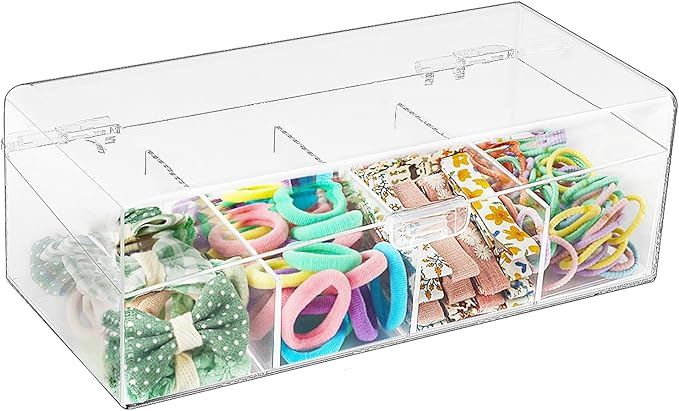 JessLab Hair Accessories Organizer for Girls, Acrylic Hair Bow Tie Clip Scrunchie Holder with Dividers, Clear Stackable Storage Box for Bathroom, Bedroom, Vanity Countertop, 4 Compartment