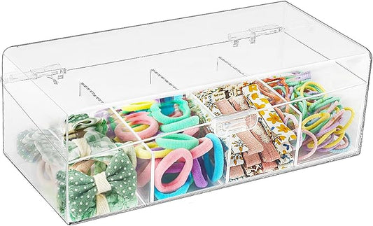 JessLab Hair Accessories Organizer for Girls, Acrylic Hair Bow Tie Clip Scrunchie Holder with Dividers, Clear Stackable Storage Box for Bathroom, Bedroom, Vanity Countertop, 4 Compartment