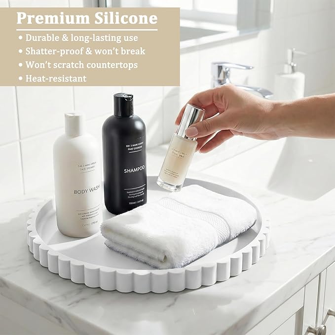 Silicone Bathroom Vanity Tray, Modern Round Decorative Tray for Countertop, Waterproof & Unbreakable Cosmetic Perfume Organizer, Extra-Thick & Sturdy, Easy to Clean Candle Tray (White, 10 inch)