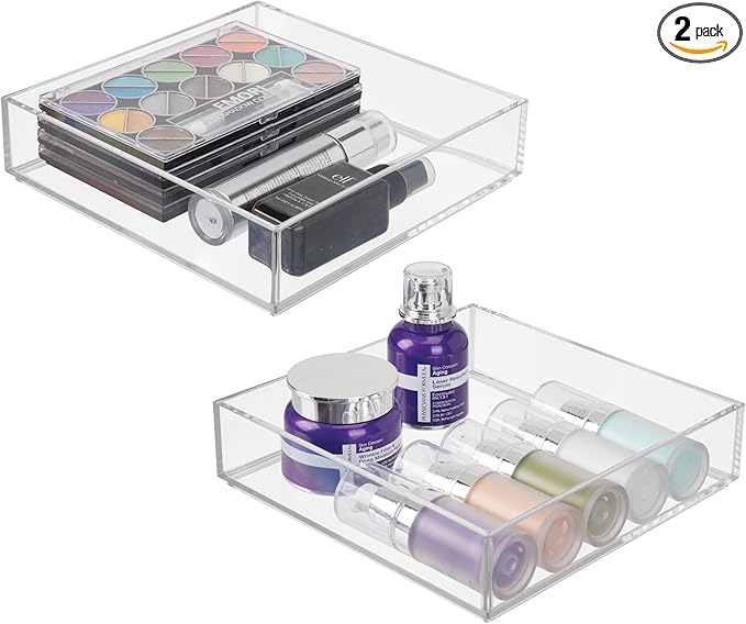 iDesign Plastic Makeup Drawer Organizer Tray - Vanity Organizer or Desk Drawer Organizer - Set of 2 - Clear