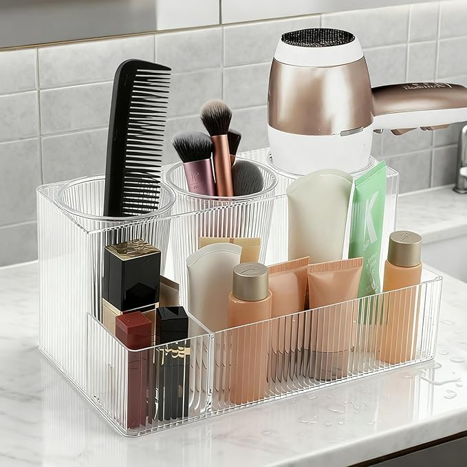 Hair Tool Organizer, Acrylic Hair Styling Tool Holder with Detachable 3 Cups, Clear HairDryer Holder for Bathroom, Vanity, Countertop Storage Curling Iron Stand